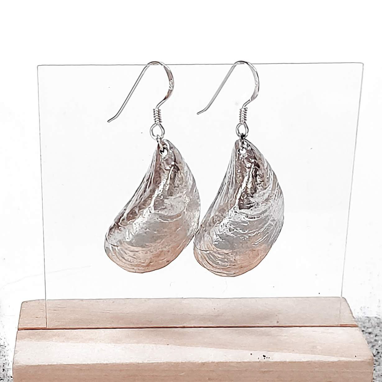 Moanna Mussel Silver Shell Earrings in sterling silver, showcasing a unique mussel shell design, larger size of 28 x 16 mm.