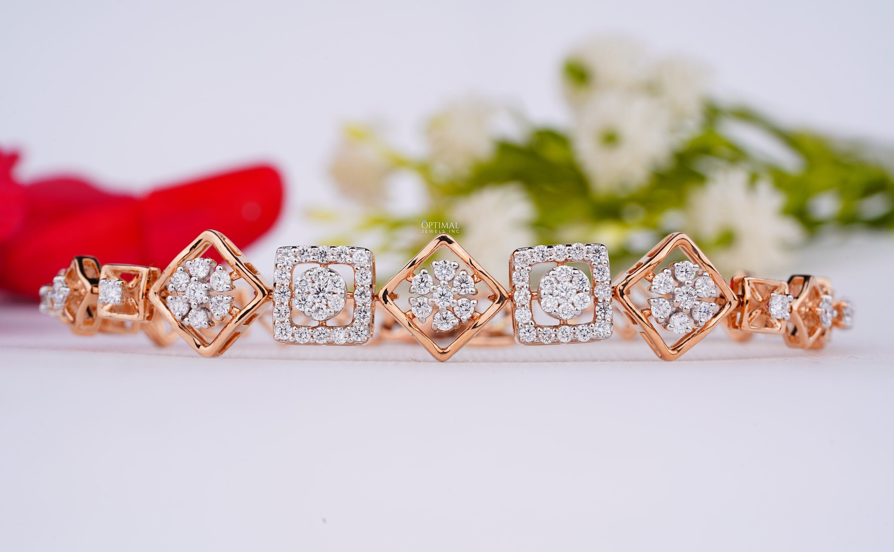 Modern Design Square Setting Bracelet featuring Round and Princess Cut Lab Grown Diamonds in a rose gold cluster setting.