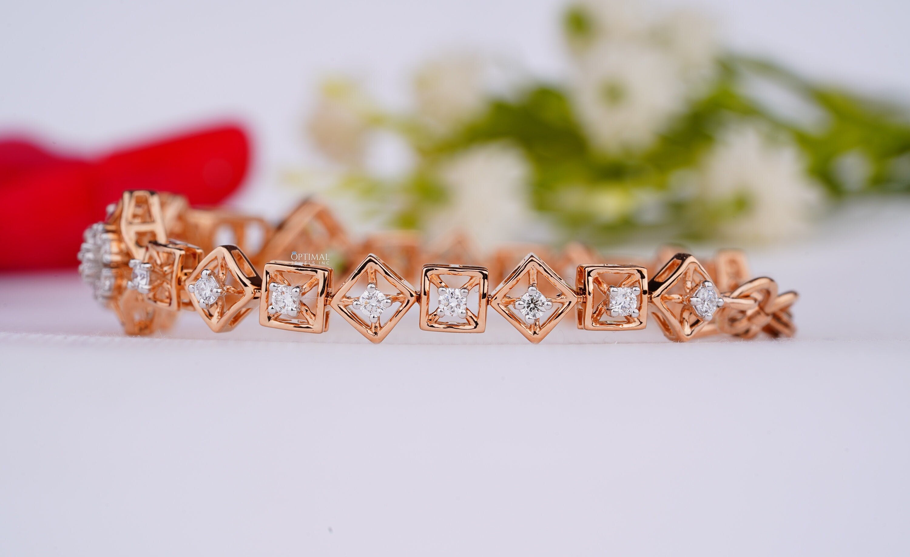 Modern Design Square Setting Bracelet featuring Round and Princess Cut Lab Grown Diamonds in a rose gold cluster setting.