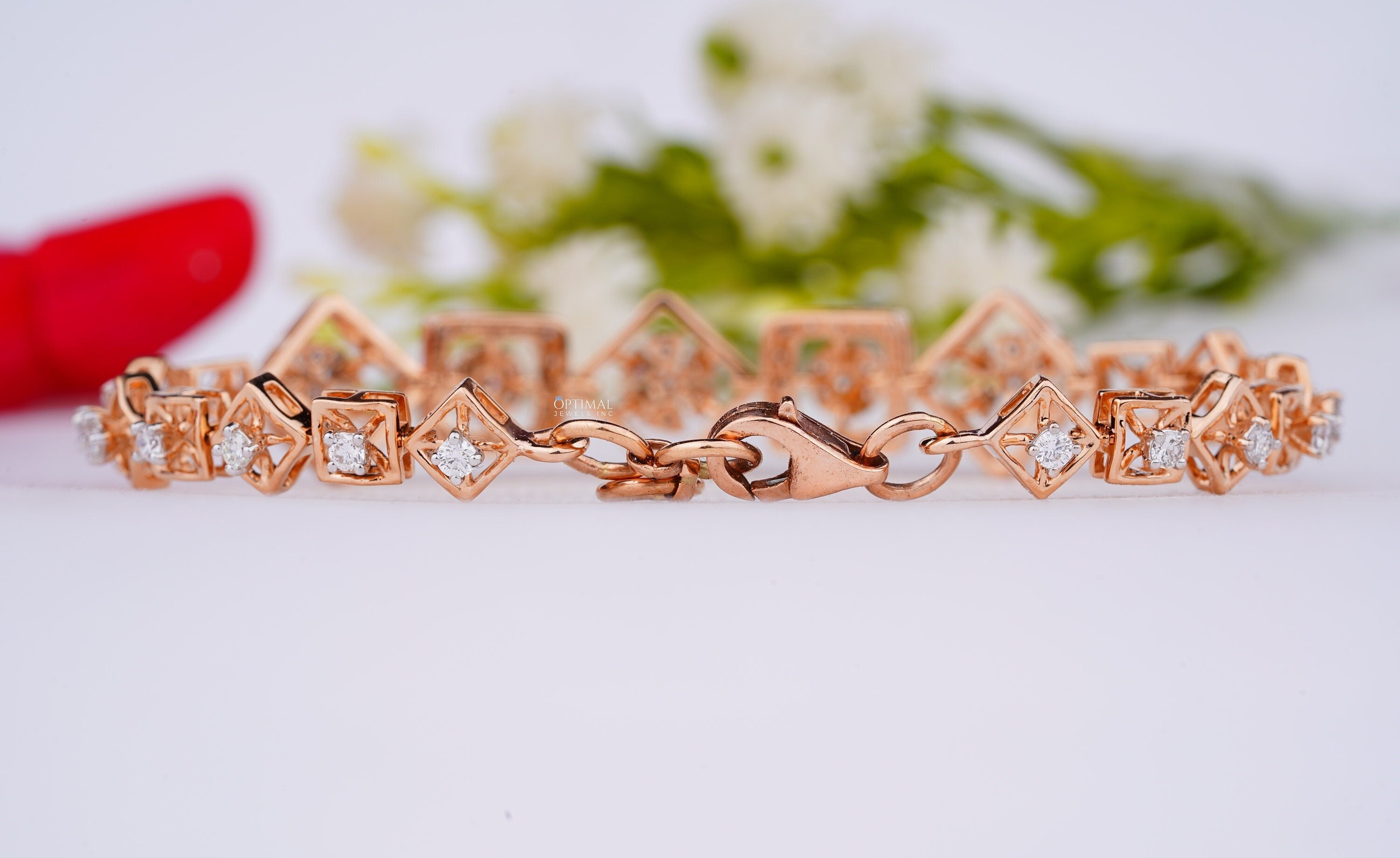 Modern Design Square Setting Bracelet featuring Round and Princess Cut Lab Grown Diamonds in a rose gold cluster setting.