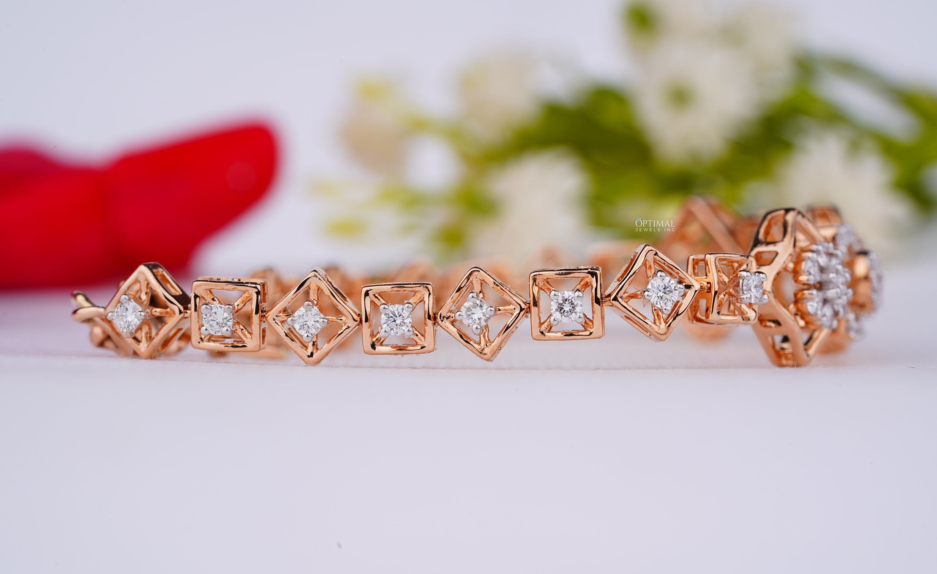 Modern Design Square Setting Bracelet featuring Round and Princess Cut Lab Grown Diamonds in a rose gold cluster setting.