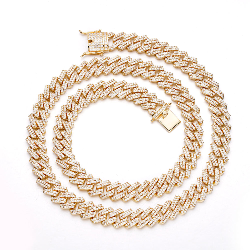 Moissanite 12 mm sterling silver Cuban chain featuring rectangular cubic zircon stones, showcasing elegance and vintage allure.