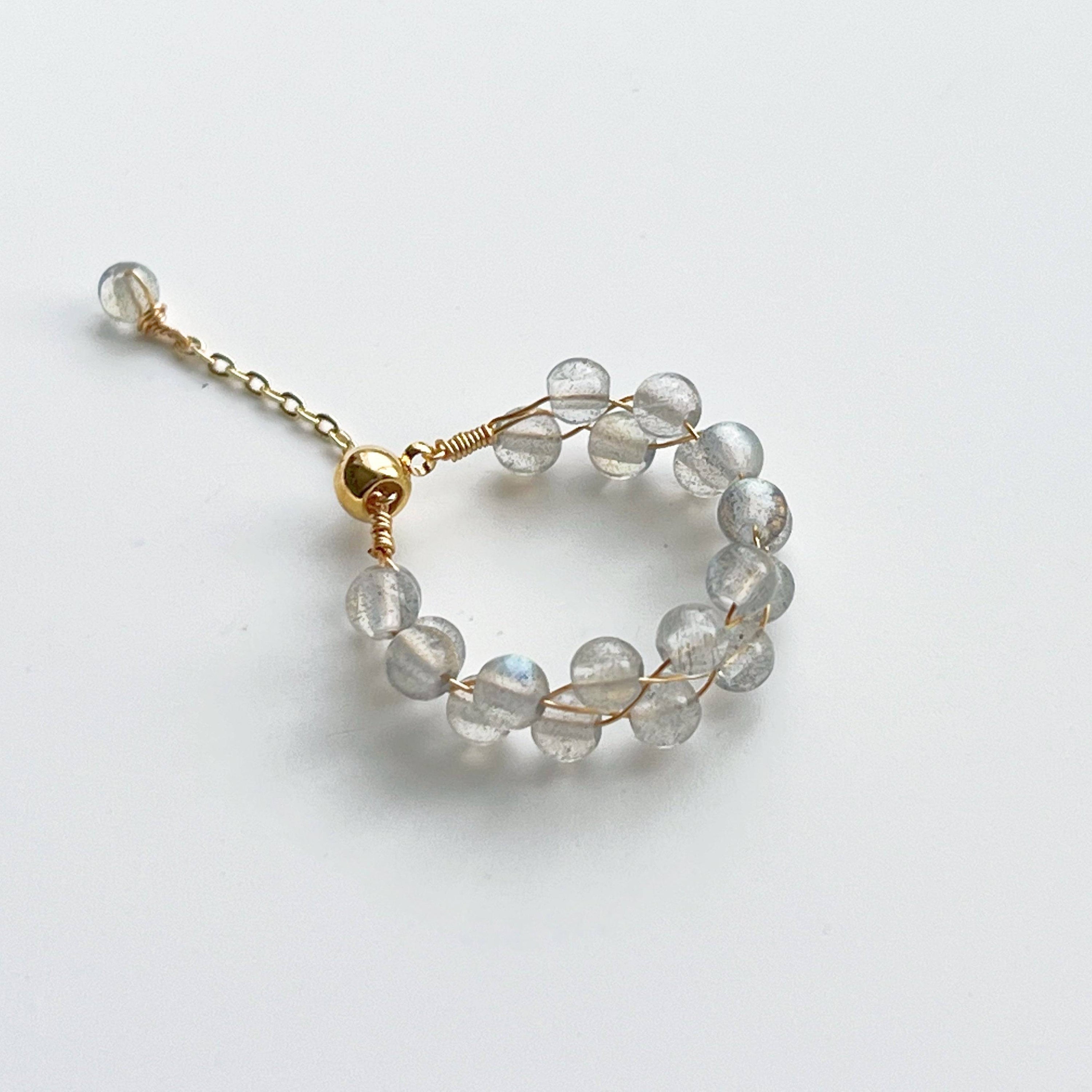 Moonstone Beaded Ring featuring natural 3mm moonstone beads on gold plated bronze wire, adjustable size for comfort.