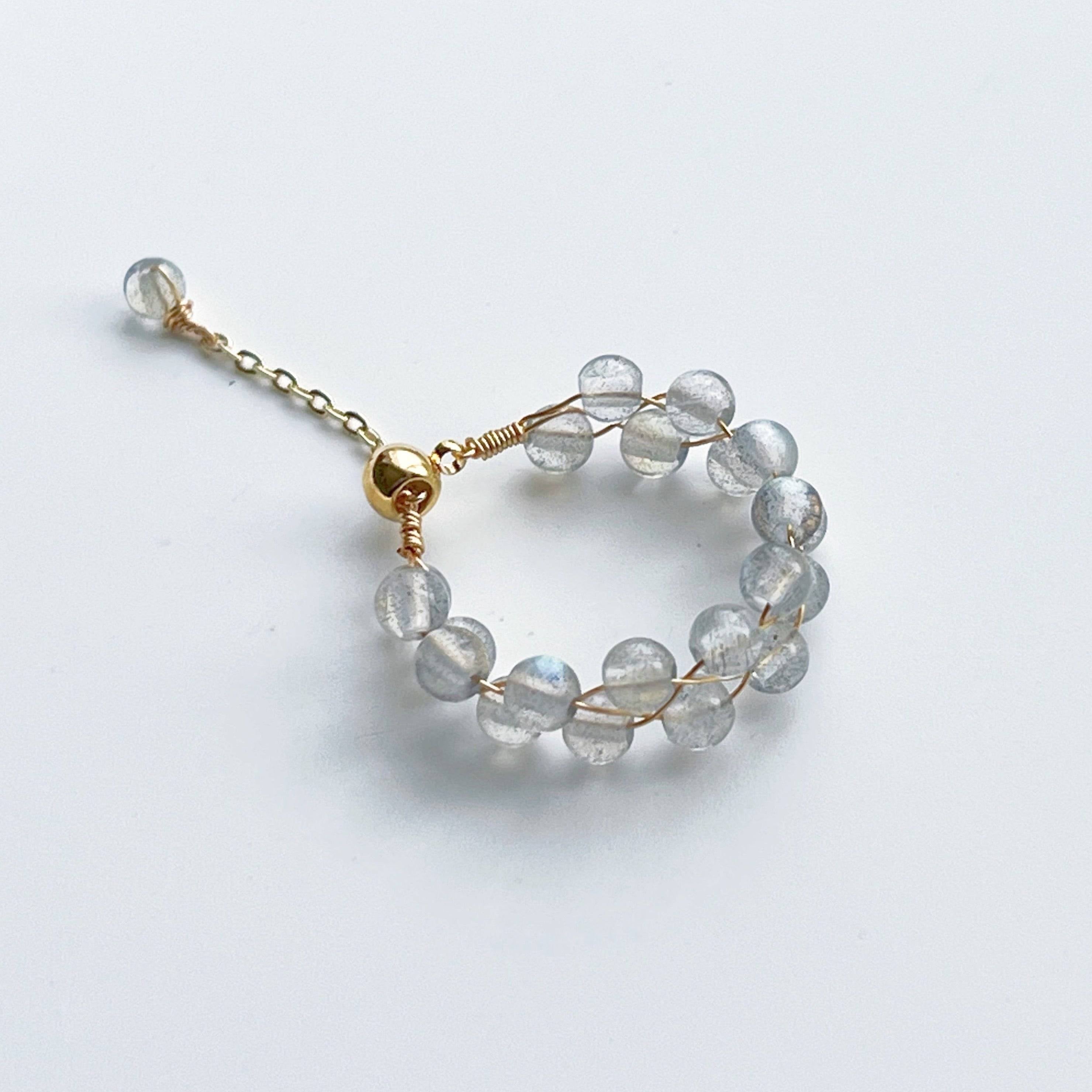 Moonstone Beaded Ring featuring natural 3mm moonstone beads on gold plated bronze wire, adjustable size for comfort.