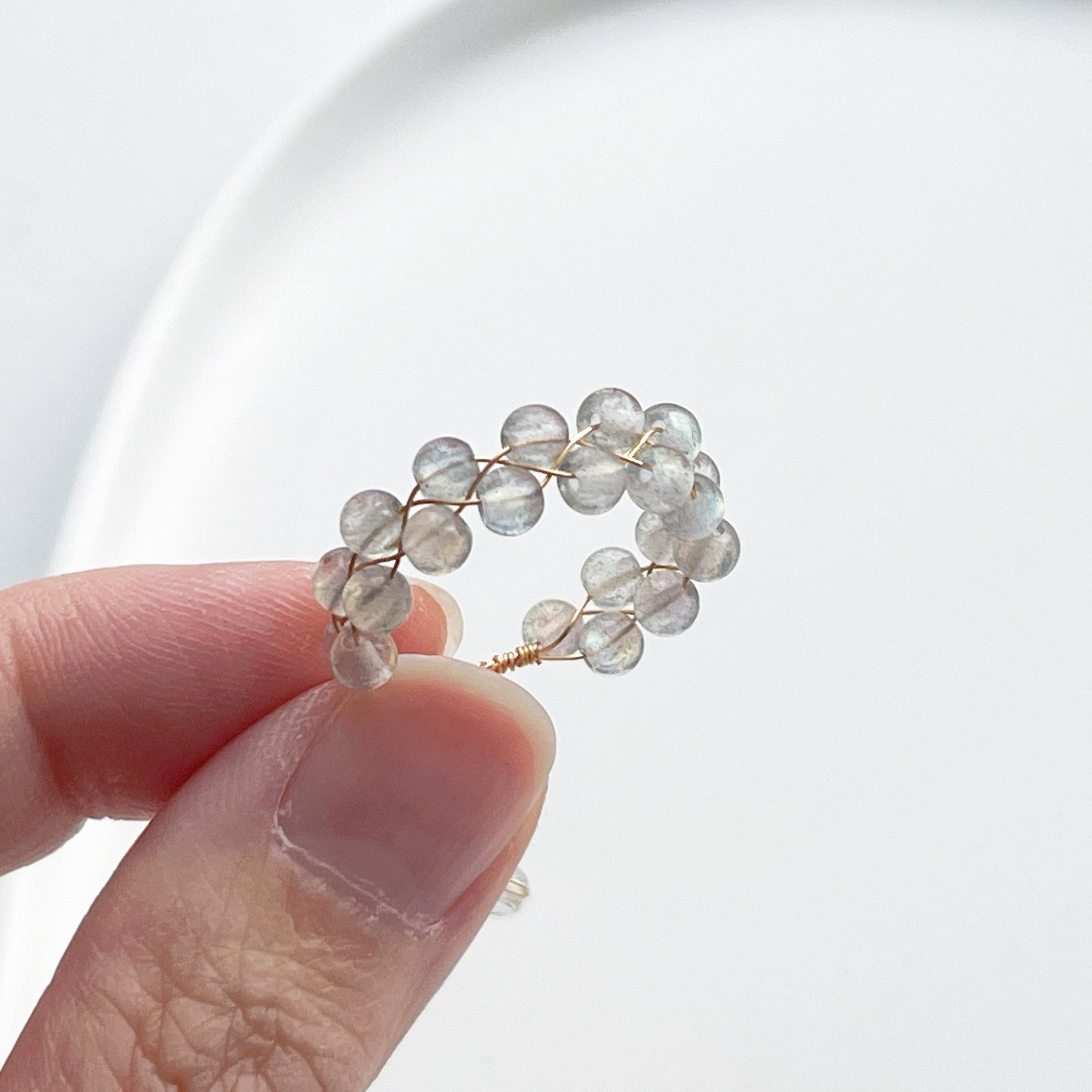 Moonstone Beaded Ring featuring natural 3mm moonstone beads on gold plated bronze wire, adjustable size for comfort.