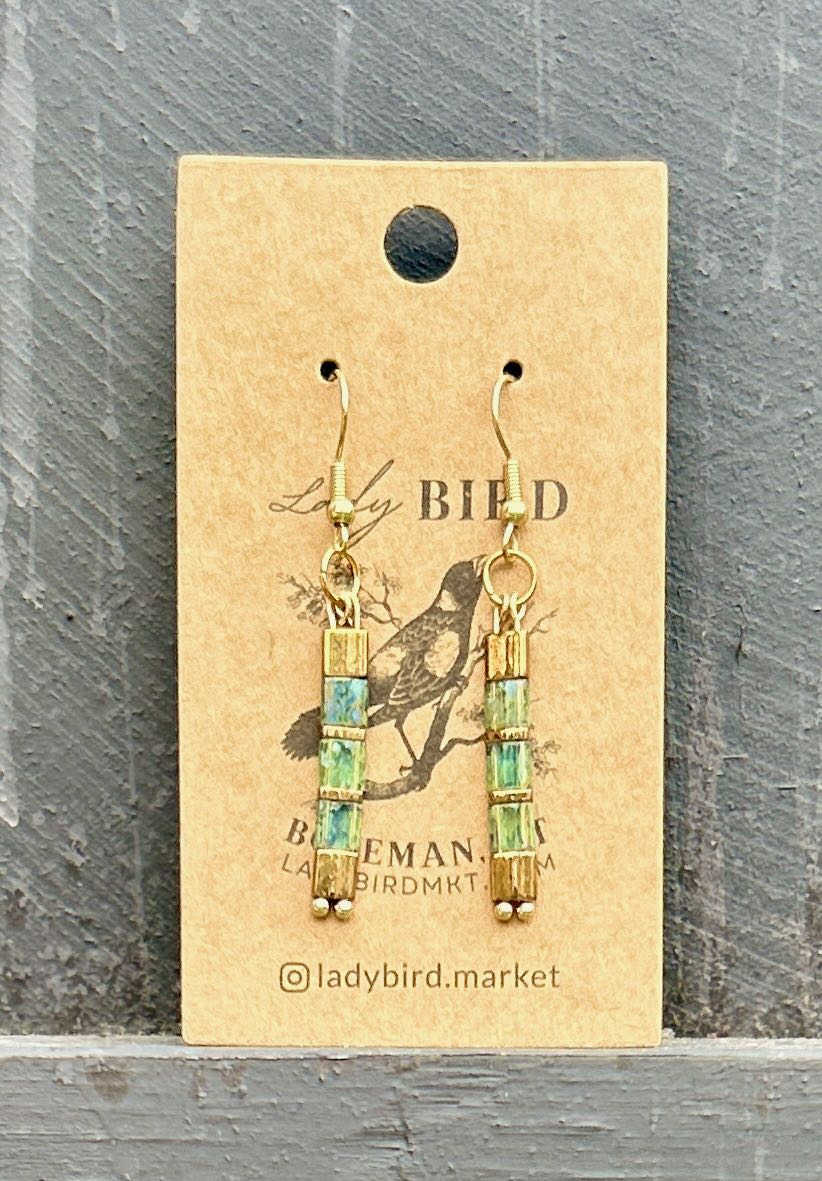 Mossy speckled green and gold Tila bead earrings, showcasing a unique bohemian design with high-quality craftsmanship.