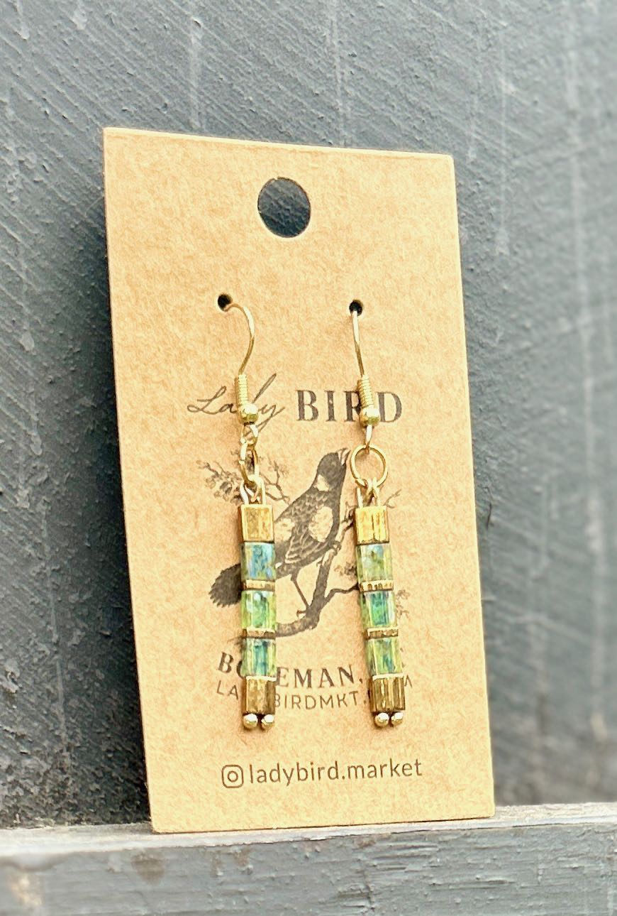 Mossy speckled green and gold Tila bead earrings, showcasing a unique bohemian design with high-quality craftsmanship.