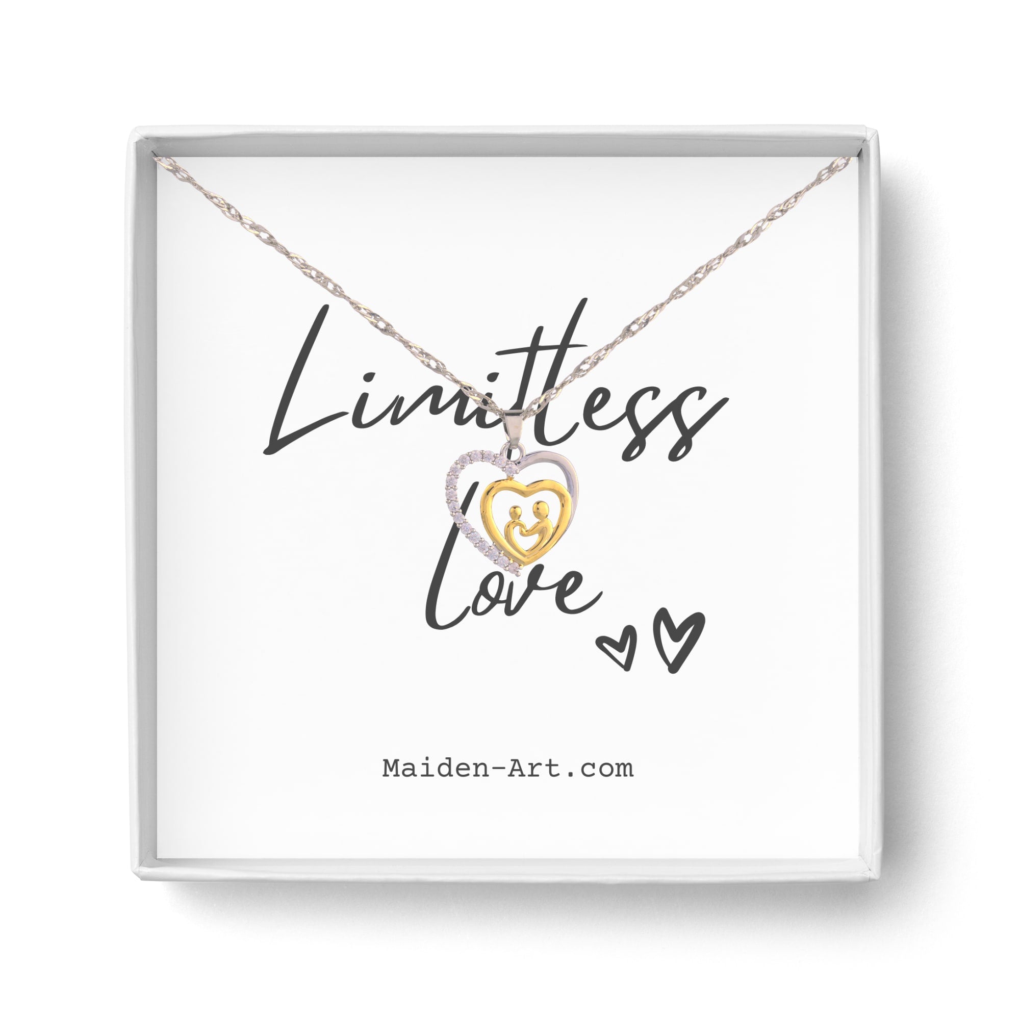 Mother and Child Necklace featuring a pave heart pendant, crafted from rhodium plated brass with cubic zirconium stones.