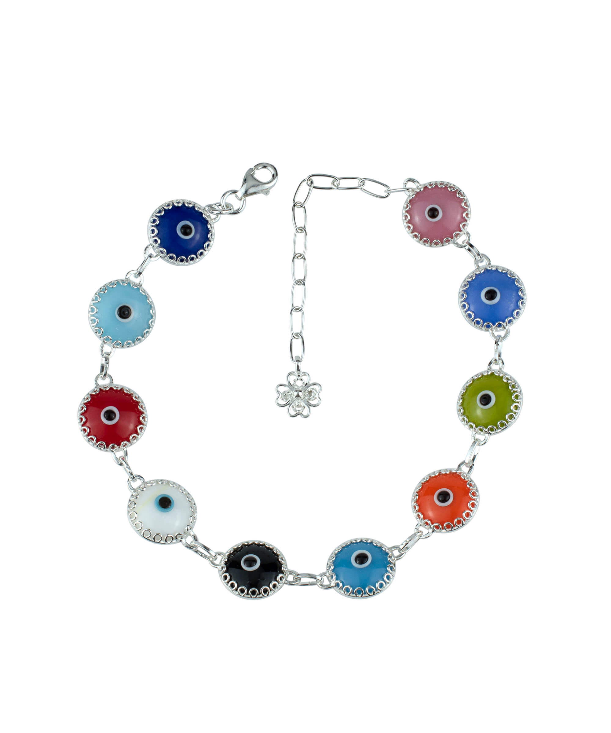 Multi Color Evil Eye Sterling Silver Adjustable Link Bracelet featuring multicolor beads and a strong rolo chain, secured with a lobster claw clasp.