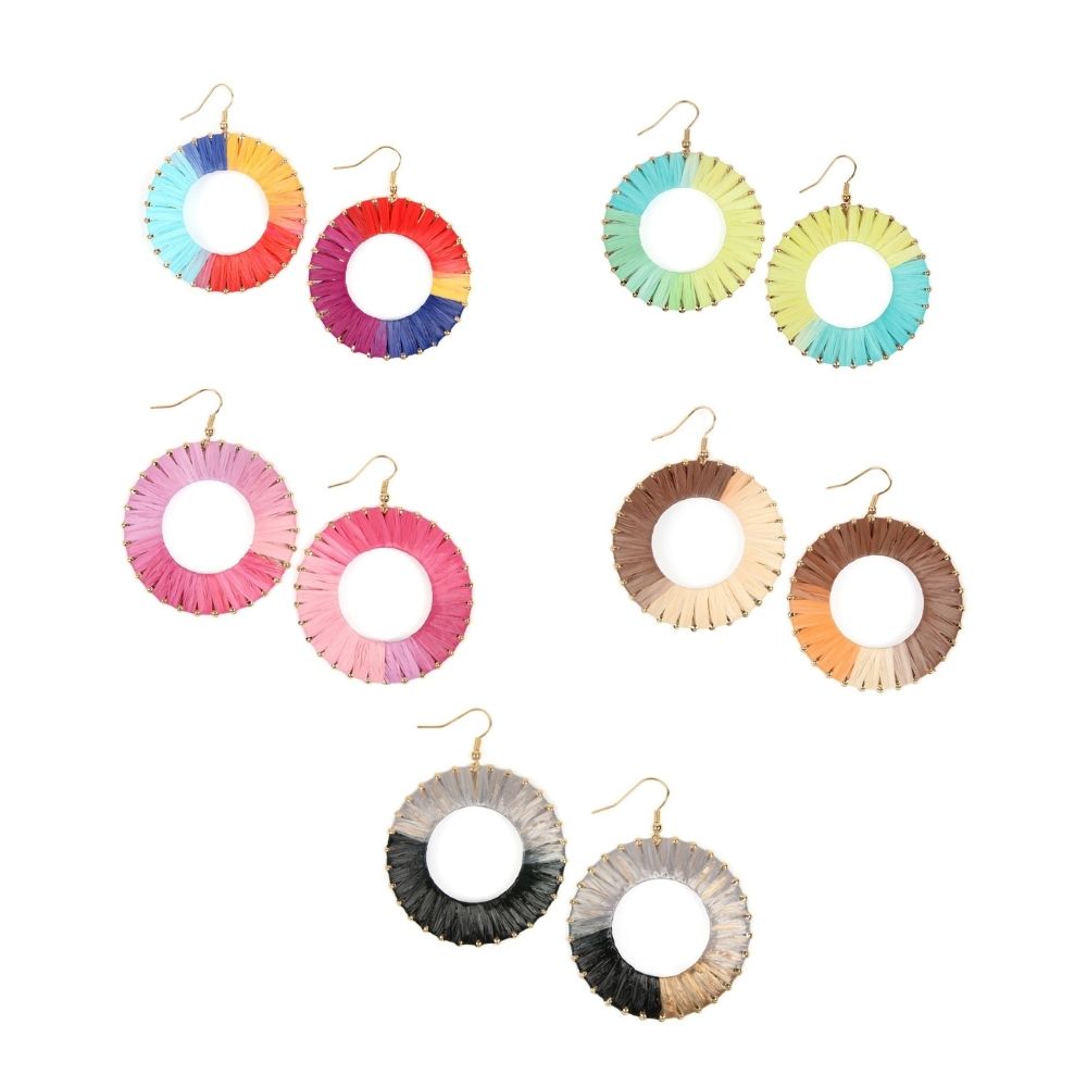 Colorful straw wrapped hook drop earrings, featuring a vibrant design perfect for summer outfits.