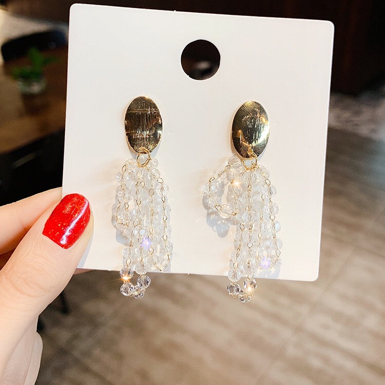 Multi Layer Crystal Tassel Earrings featuring pearls and crystals, elegantly designed with a 925 silver alloy for a sophisticated look.