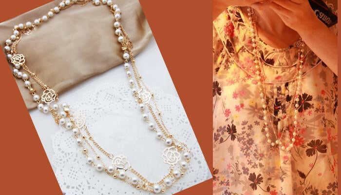 Multi-layer pearl necklace adorned with roses and rhinestones, showcasing elegance and sophistication.