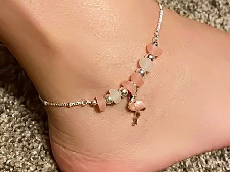 Multi Sea Glass Flamingo Anklet featuring pink and white sea glass accents with a flamingo charm, perfect for summer beach style.