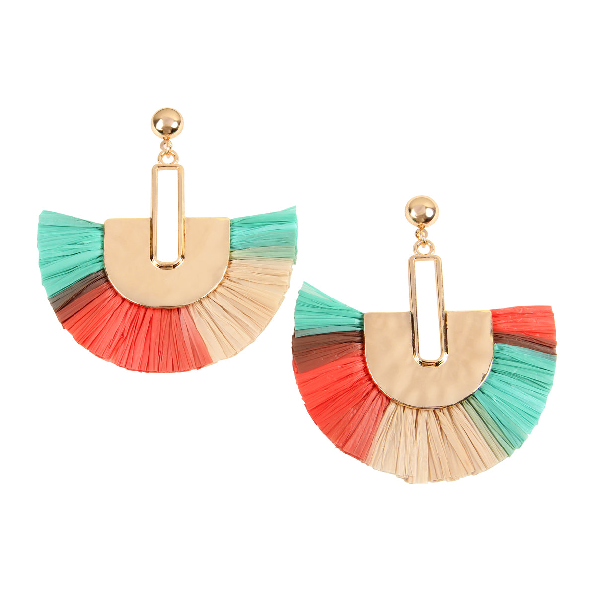 Multi Tone Dangling Fan Shape Drop Earrings featuring vibrant colors and acrylic tassels, perfect for summer outfits.
