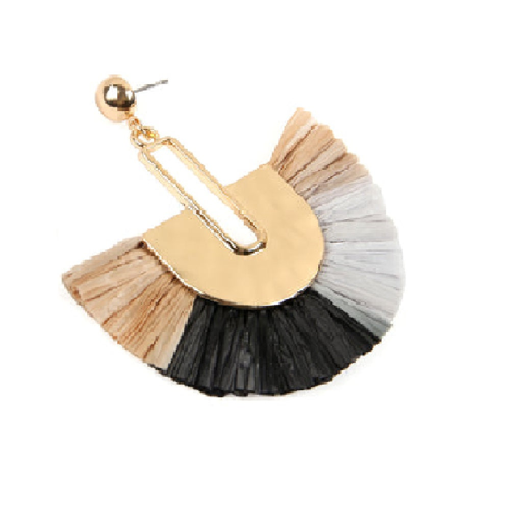 Multi Tone Dangling Fan Shape Drop Earrings featuring vibrant colors and acrylic tassels, perfect for summer outfits.