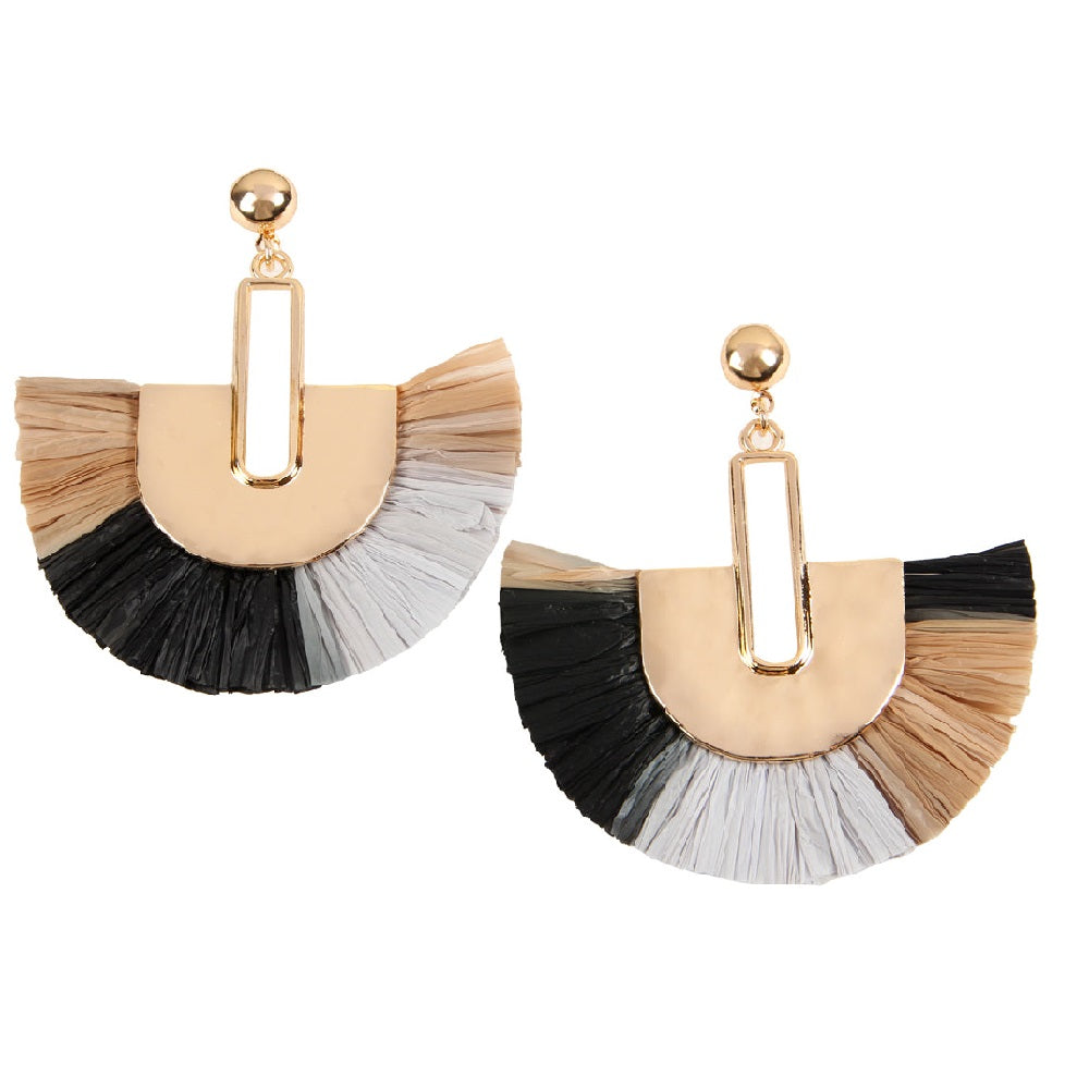 Multi Tone Dangling Fan Shape Drop Earrings featuring vibrant colors and acrylic tassels, perfect for summer outfits.
