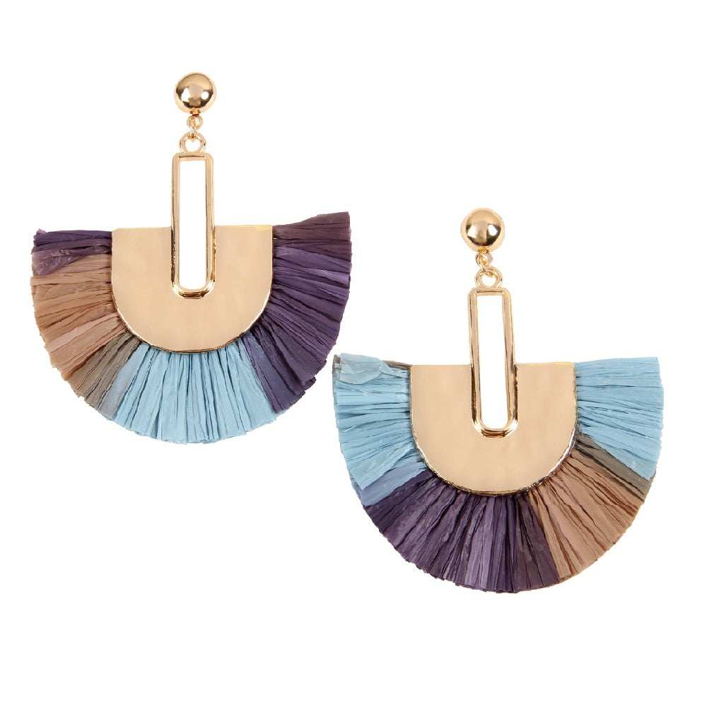 Multi Tone Dangling Fan Shape Drop Earrings featuring vibrant colors and acrylic tassels, perfect for summer outfits.