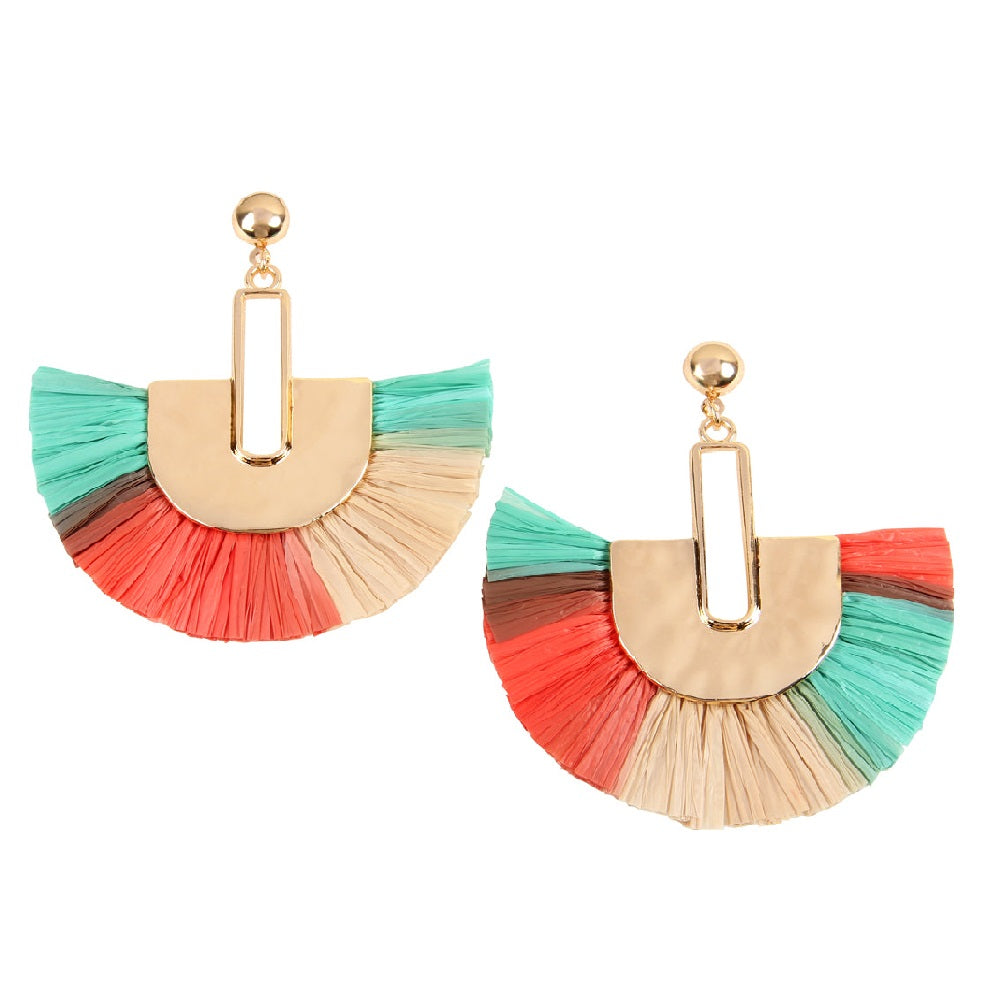 Multi Tone Dangling Fan Shape Drop Earrings featuring vibrant colors and acrylic tassels, perfect for summer outfits.