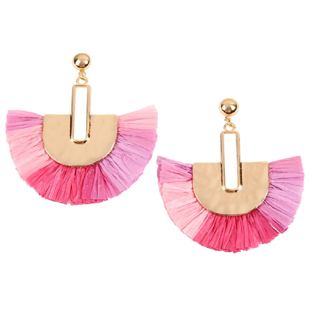 Multi Tone Dangling Fan Shape Drop Earrings featuring vibrant colors and acrylic tassels, perfect for summer outfits.