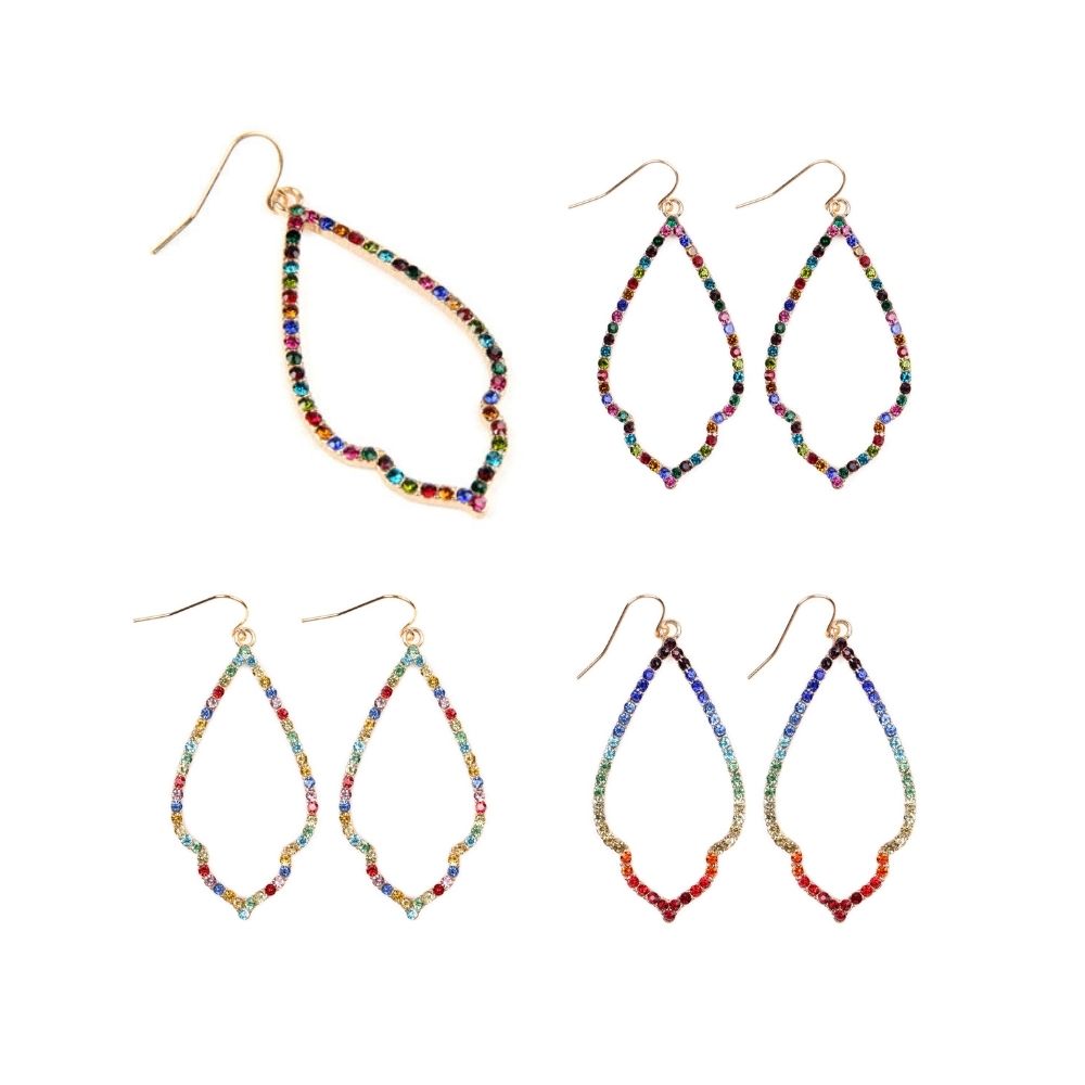 Multi-Color Rhinestone Drop Dangling Earrings featuring vibrant rhinestones on a base metal design, perfect for summer and special occasions.