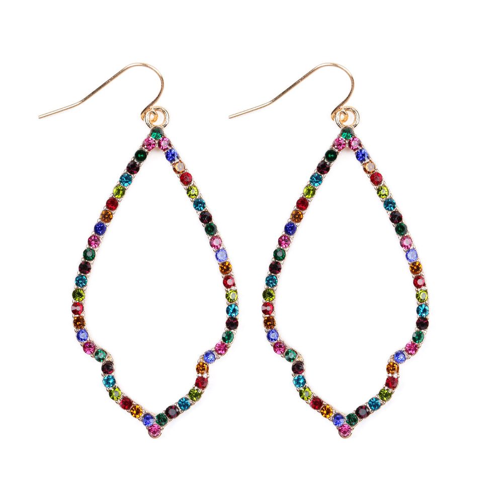 Multi-Color Rhinestone Drop Dangling Earrings featuring vibrant rhinestones on a base metal design, perfect for summer and special occasions.