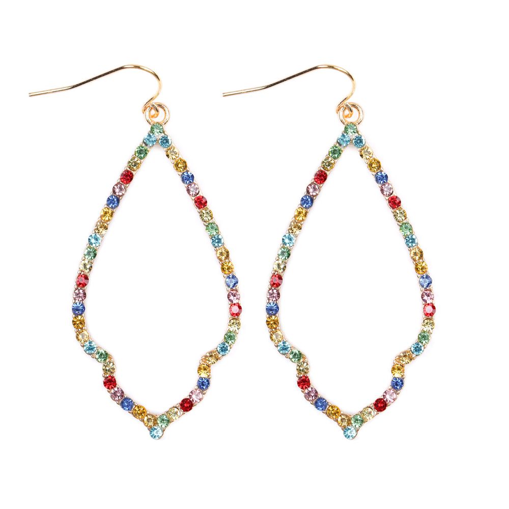 Multi-Color Rhinestone Drop Dangling Earrings featuring vibrant rhinestones on a base metal design, perfect for summer and special occasions.