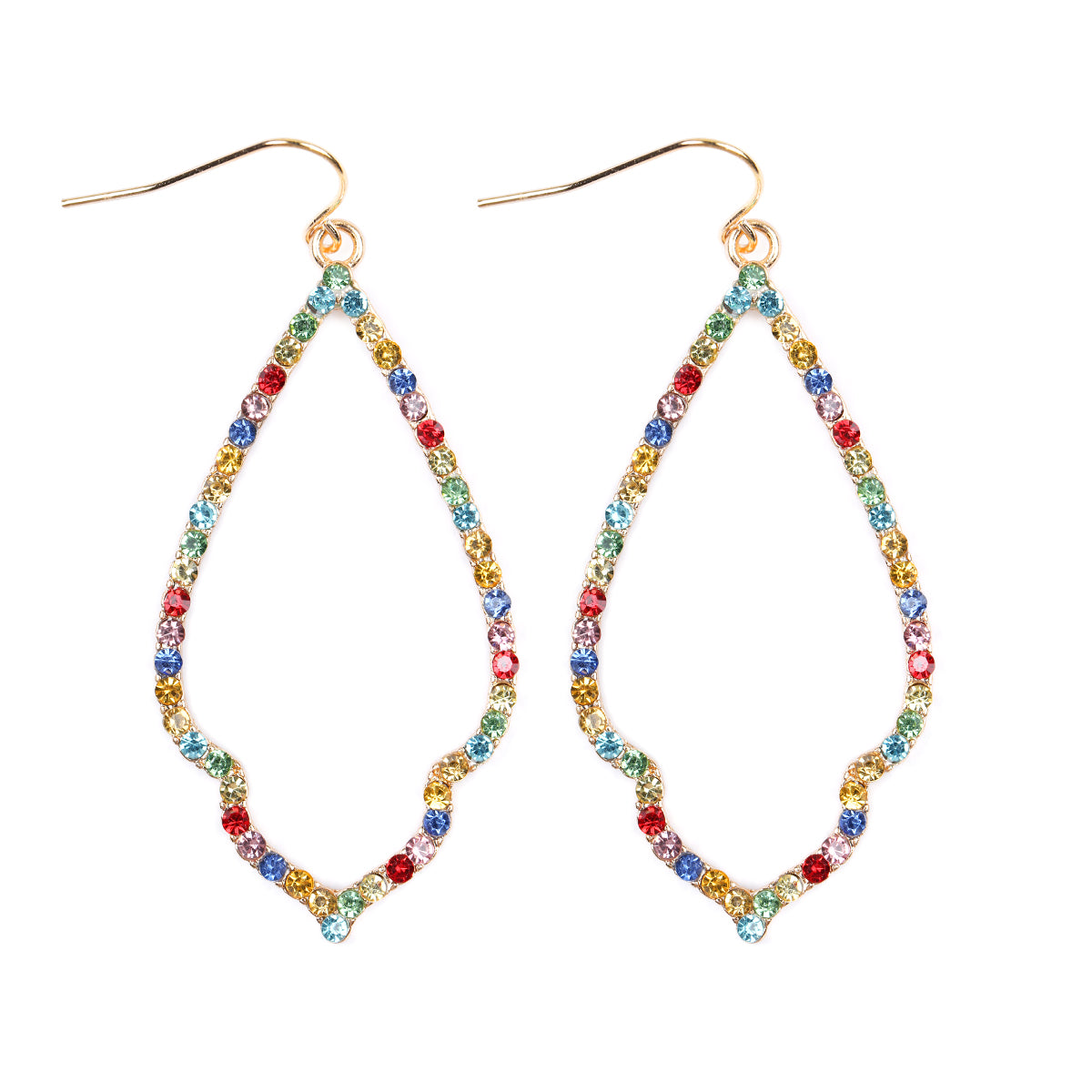 Multi-Color Rhinestone Drop Dangling Earrings featuring vibrant rhinestones on a base metal design, perfect for summer and special occasions.