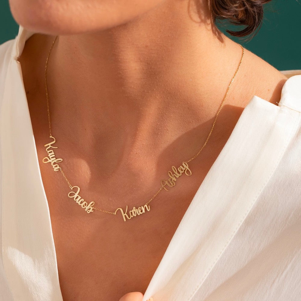 A personalized Multiple Name Necklace in gold, silver, and rose gold, showcasing customizable names in elegant fonts.