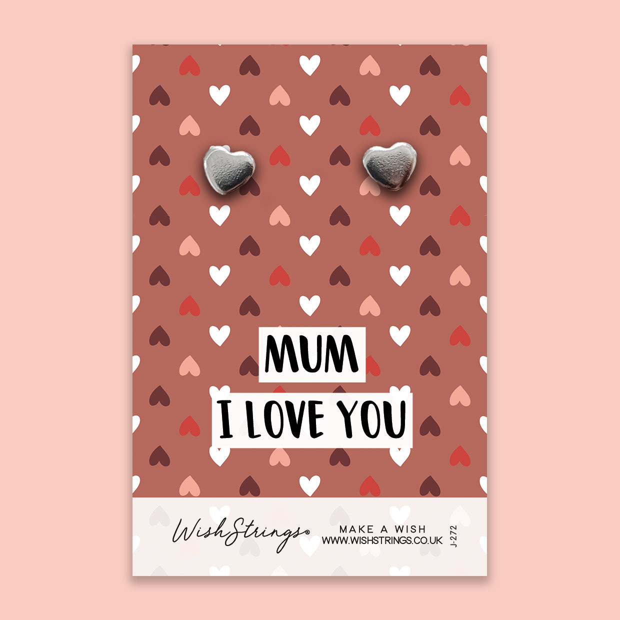 A pair of silver heart stud earrings made from 304 stainless steel, presented on a decorative gift card.