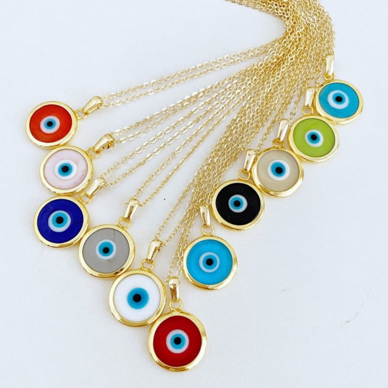 A beautifully handcrafted Murano Evil Eye Necklace featuring vibrant glass beads and a gold stainless steel chain, symbolizing protection and good luck.