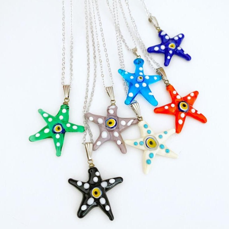 Murano Evil Eye Necklace featuring a handmade glass starfish pendant in vibrant colors, set on a stainless steel gold chain.