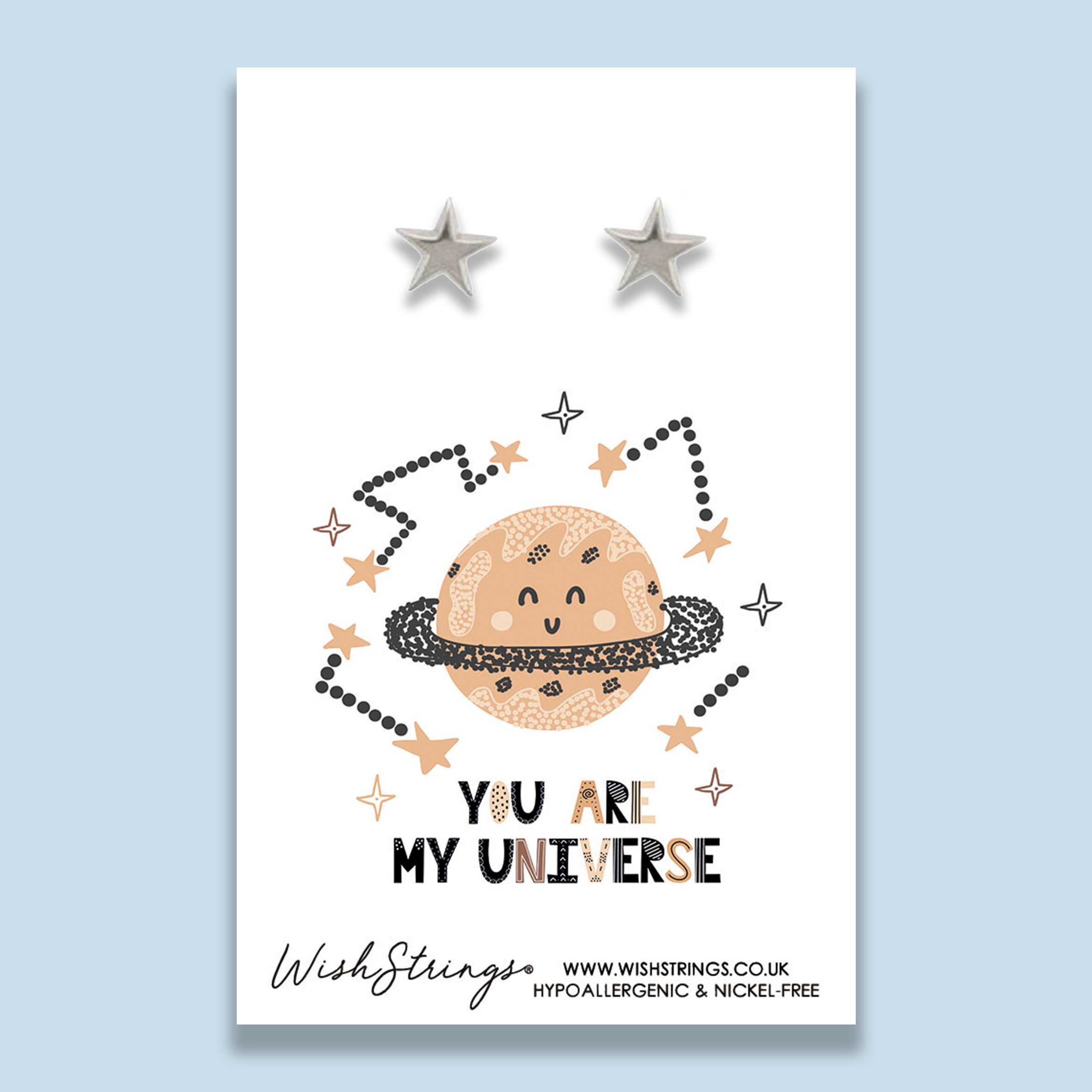 MY UNIVERSE - J066 handmade jewellery piece, featuring a silver-coated stainless steel design, presented on a gift card.