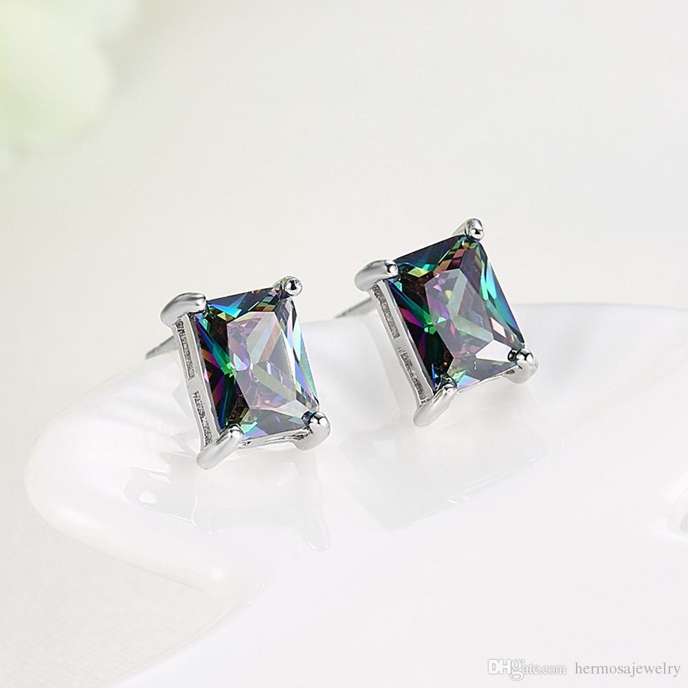 Elegant Mystic Topaz Princess Cut Earrings set in 18K white gold, showcasing their stunning design and vibrant colors.