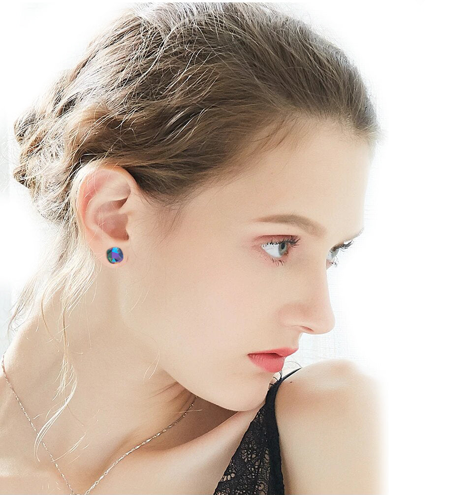 Mystic Topaz Square Stud Earrings in Rhodium Plating, showcasing a vibrant stone set in a shiny brass base.