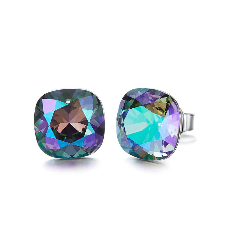 Mystic Topaz Square Stud Earrings in Rhodium Plating, showcasing a vibrant stone set in a shiny brass base.