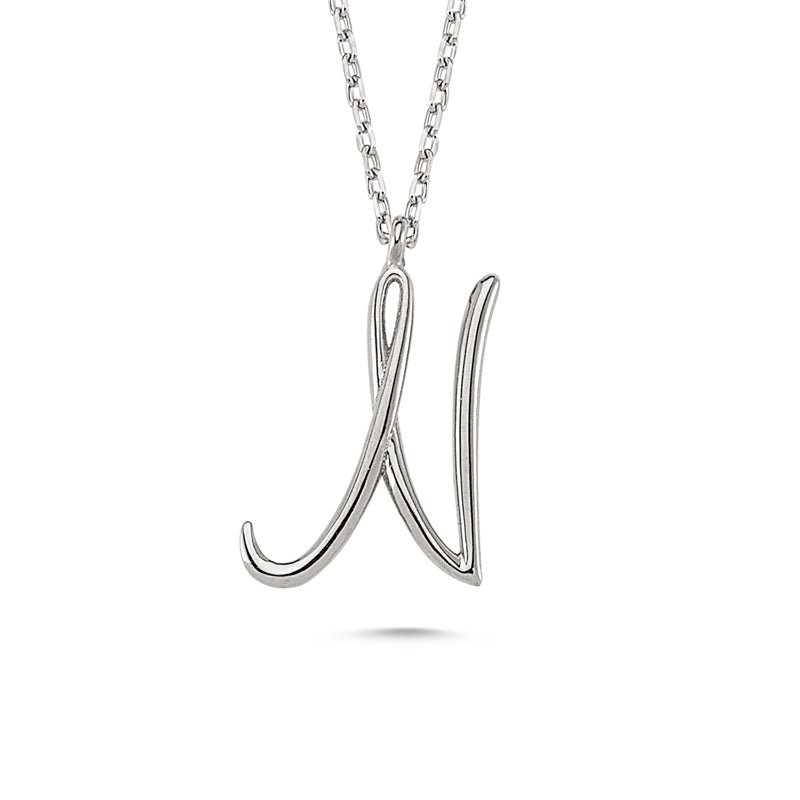N Letter Mini Initial Silver Necklace featuring a flat 'N' pendant on a 16-inch sterling silver chain with an extension.