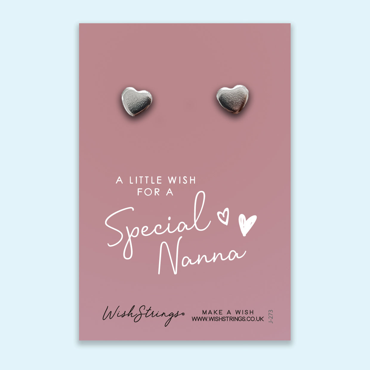 Nanna Silver Heart Stud Earrings made from hypoallergenic 304 stainless steel, elegantly designed and presented on a gift card.