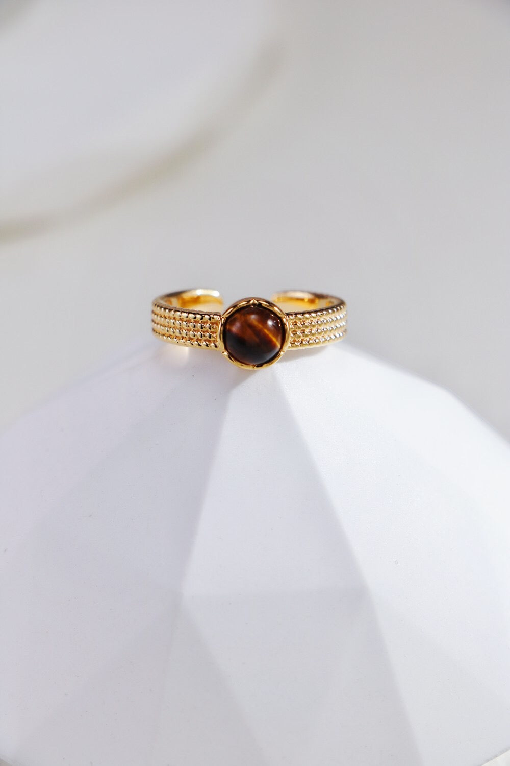 Natural Black Onyx and Tiger Eye Stone Open Ring, handmade with gold vermeil finish, adjustable size, and elegant design.