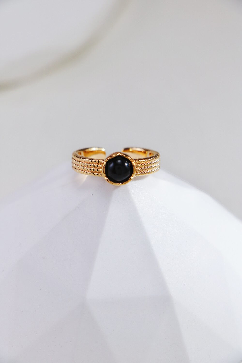 Natural Black Onyx and Tiger Eye Stone Open Ring, handmade with gold vermeil finish, adjustable size, and elegant design.