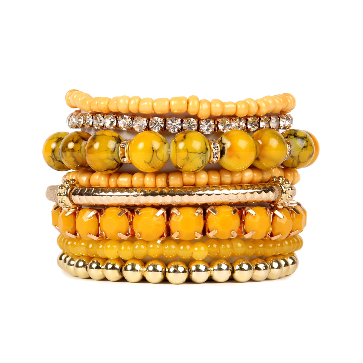 Colorful natural stone beads stretch bracelet displayed on a white background, showcasing its vibrant hues and unique design.