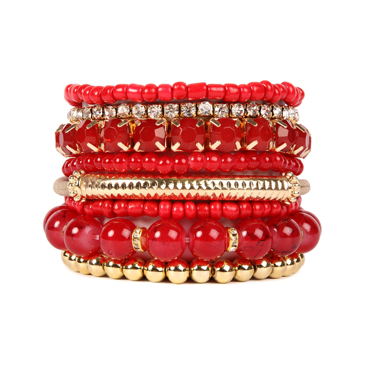 Colorful natural stone beads stretch bracelet displayed on a white background, showcasing its vibrant hues and unique design.