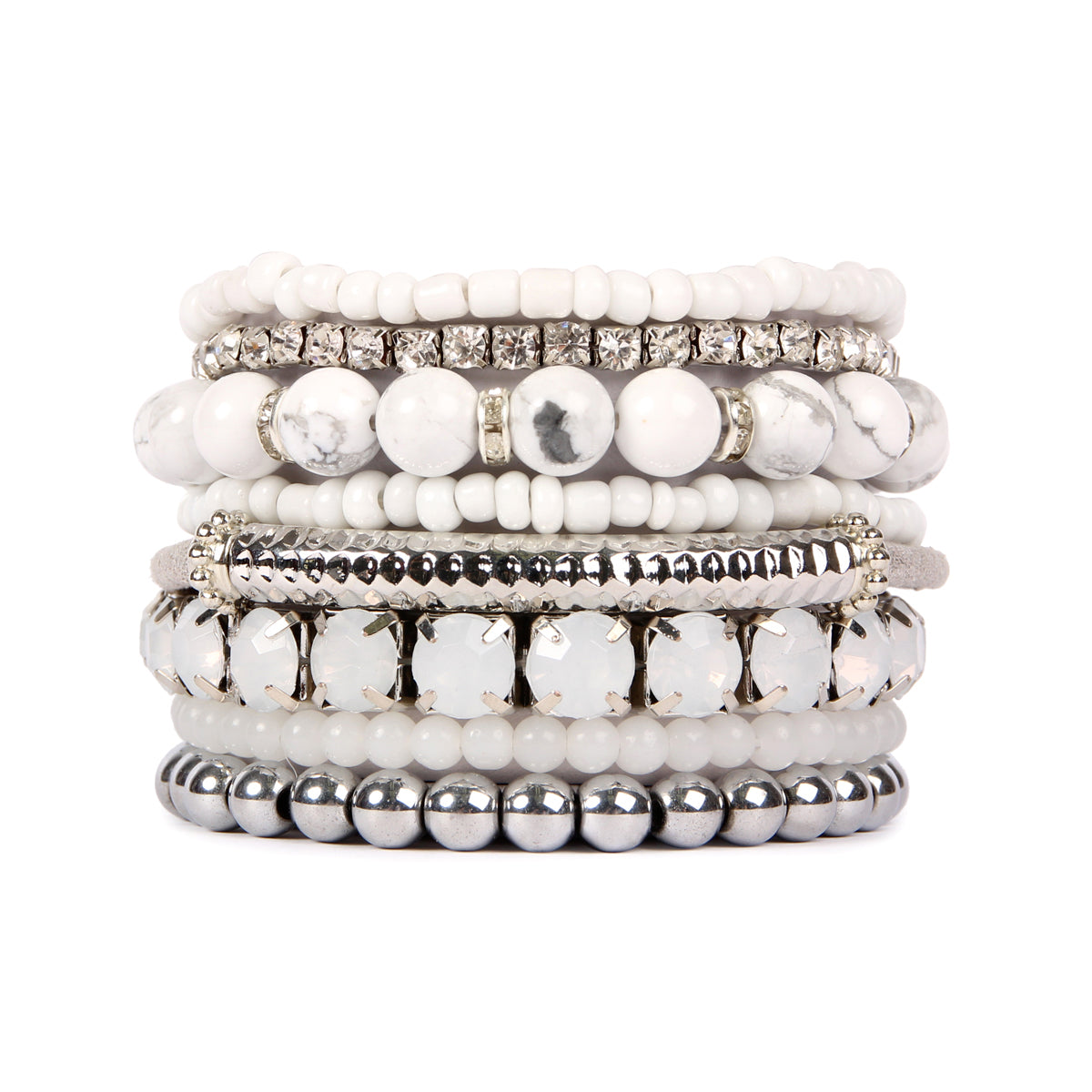 Colorful natural stone beads stretch bracelet displayed on a white background, showcasing its vibrant hues and unique design.