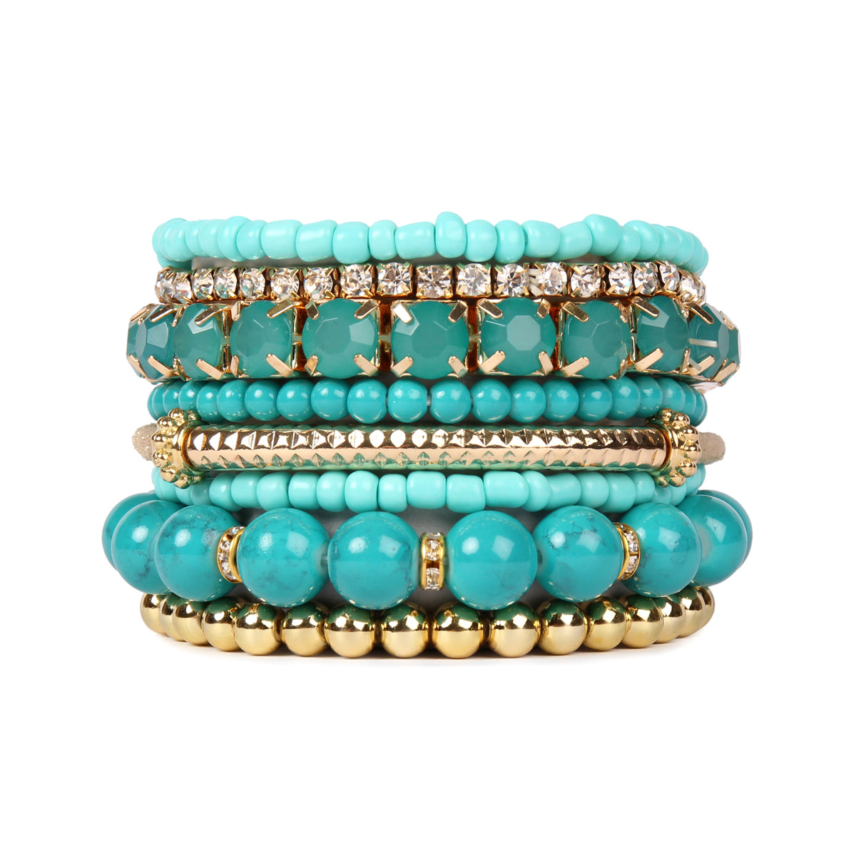 Colorful natural stone beads stretch bracelet displayed on a white background, showcasing its vibrant hues and unique design.