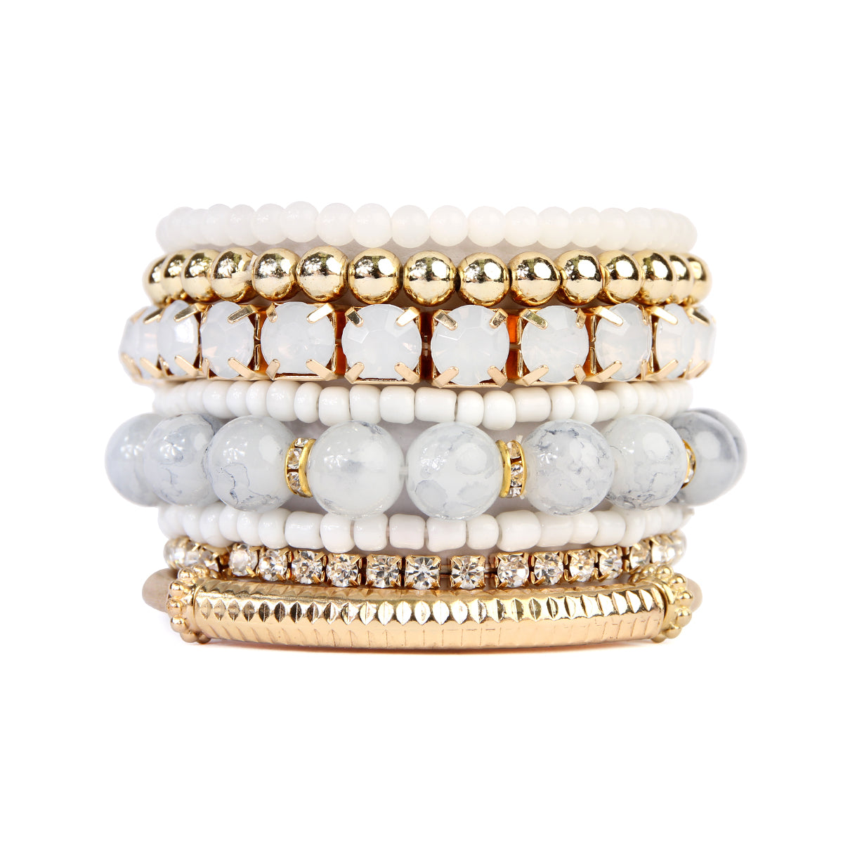 Colorful natural stone beads stretch bracelet displayed on a white background, showcasing its vibrant hues and unique design.