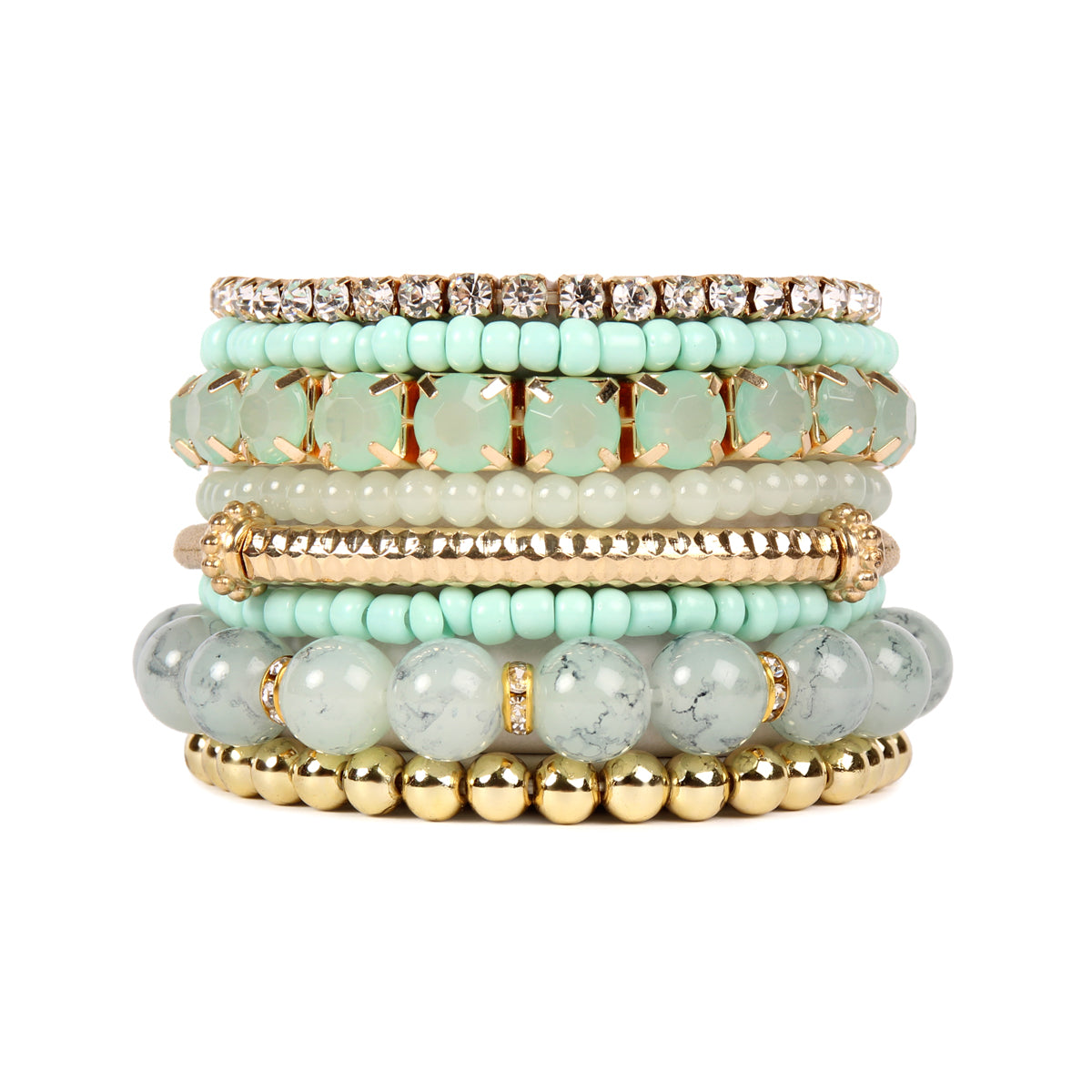 Colorful natural stone beads stretch bracelet displayed on a white background, showcasing its vibrant hues and unique design.