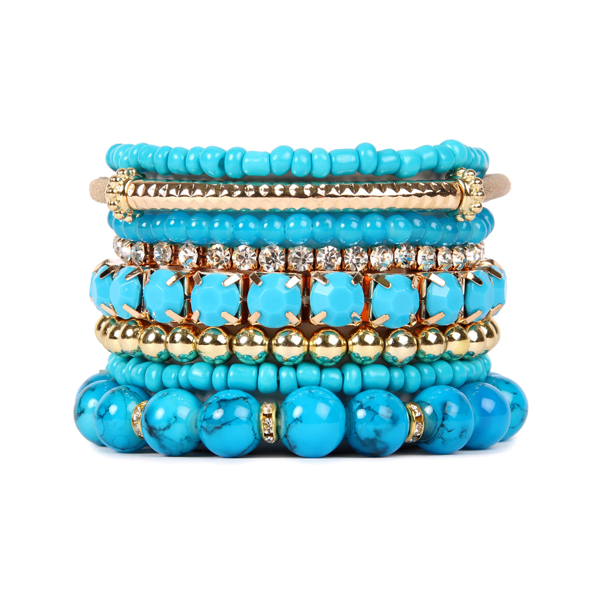 Colorful natural stone beads stretch bracelet displayed on a white background, showcasing its vibrant hues and unique design.