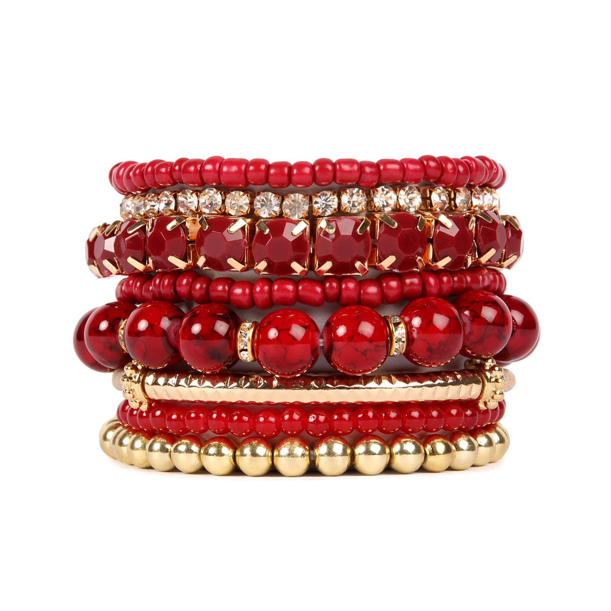 Colorful natural stone beads stretch bracelet displayed on a white background, showcasing its vibrant hues and unique design.