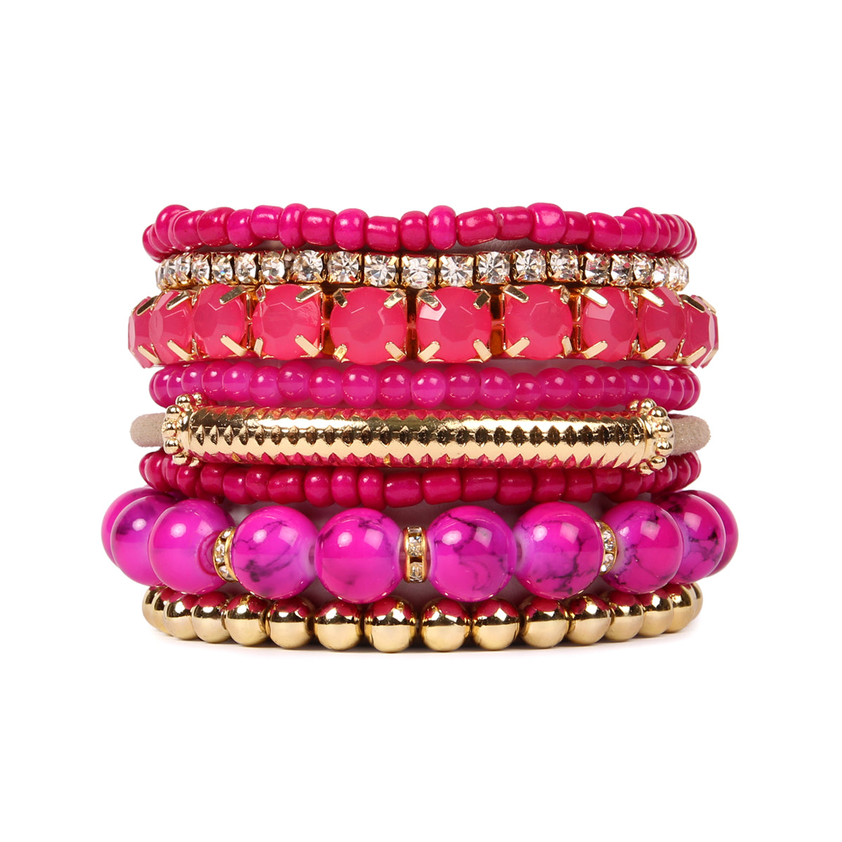 Colorful natural stone beads stretch bracelet displayed on a white background, showcasing its vibrant hues and unique design.