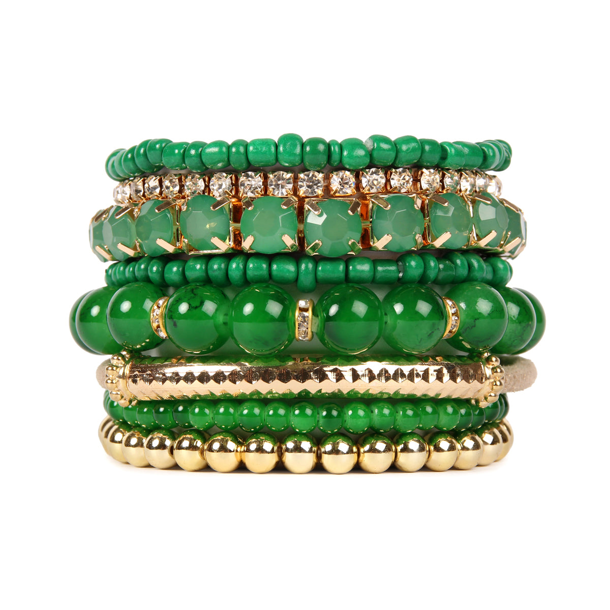 Colorful natural stone beads stretch bracelet displayed on a white background, showcasing its vibrant hues and unique design.