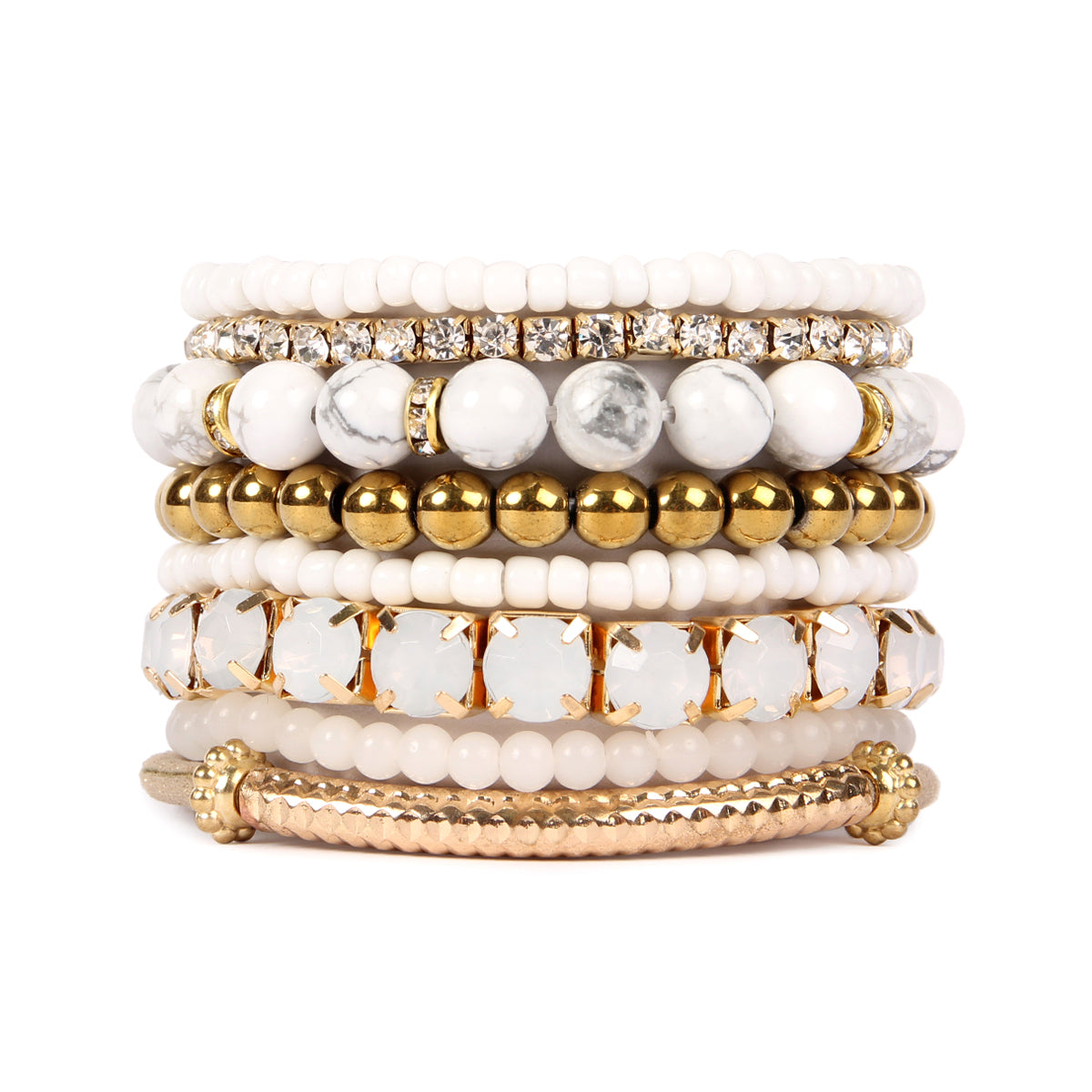 Colorful natural stone beads stretch bracelet displayed on a white background, showcasing its vibrant hues and unique design.